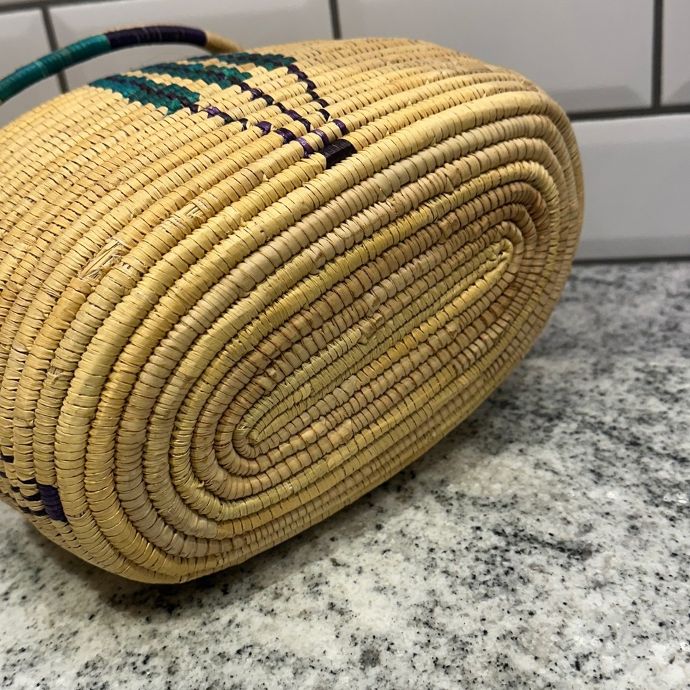 Handcrafted Woven Basket Bag with Lid Teal Purple Geometric Natural Straw Tan - Picture 5 of 13